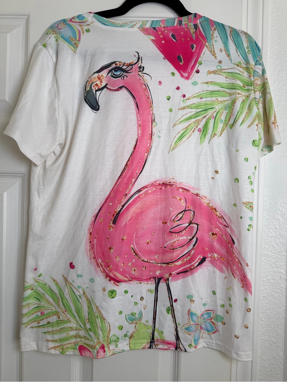 Pink Flamingo Tropical Graphic White Oversized T-Shirt Large - Picture 4 of 5